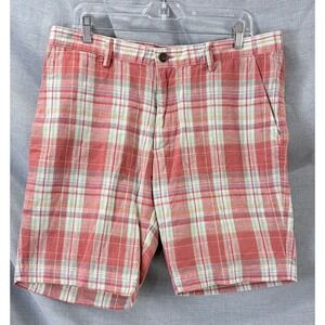 Lands' End Men's Madras Plaid Linen Cotton Chino Shorts Size 36 Anchor Logo